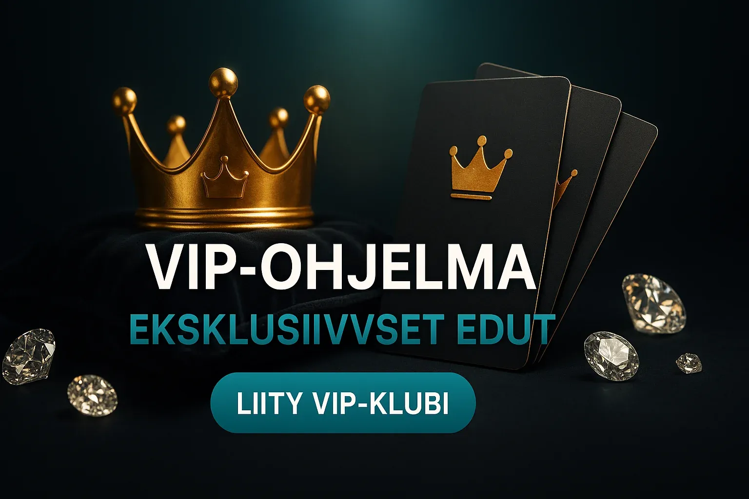 Suomalainen VIP-kasino banneri kruunulla, VIP-korteilla ja timanteilla