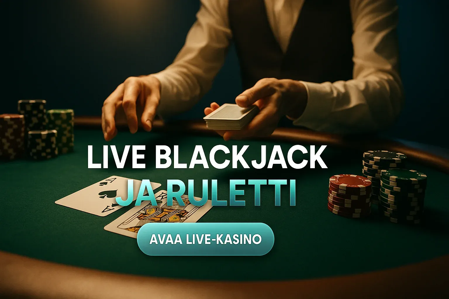Fotorealistinen live blackjack -pöytä, ässä ja kuningas, pelimerkit ja valokeila