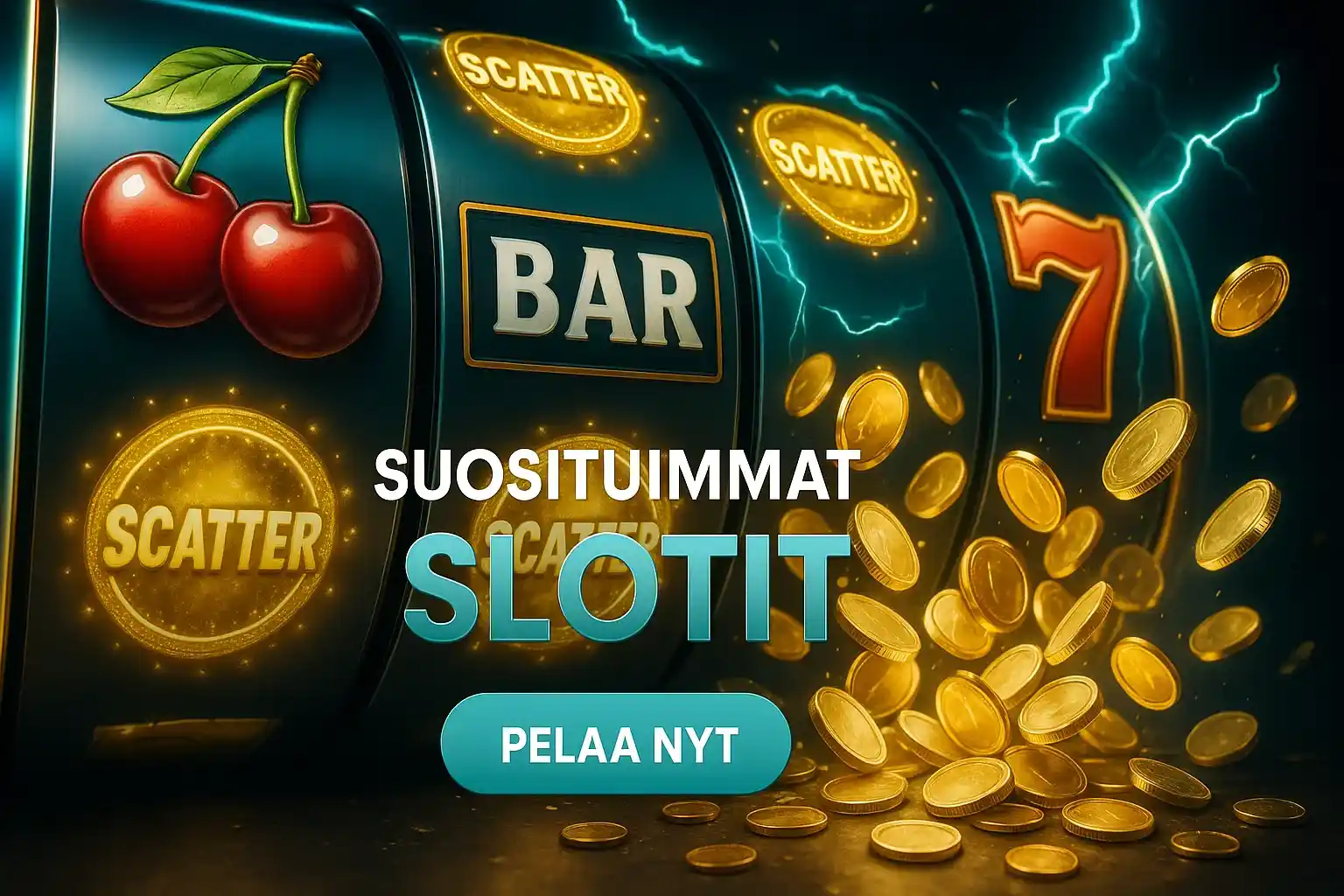 Suosituimmat slotit -kasino banneri, hedelmäkelat, kolikkovoitto ja pelaa nyt CTA