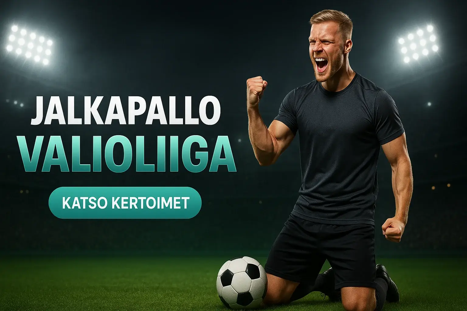 Fotorealistinen suomalainen vedonlyöntibanneri, jalkapalloilija stadionilla ja Valioliiga-teksti